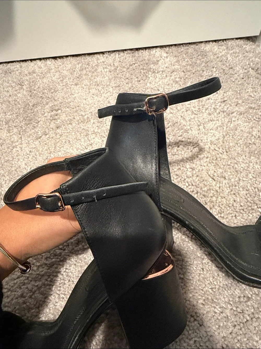 Alexander Wang Black Ankle-Strap Block Heel Sandals with Rose Gold